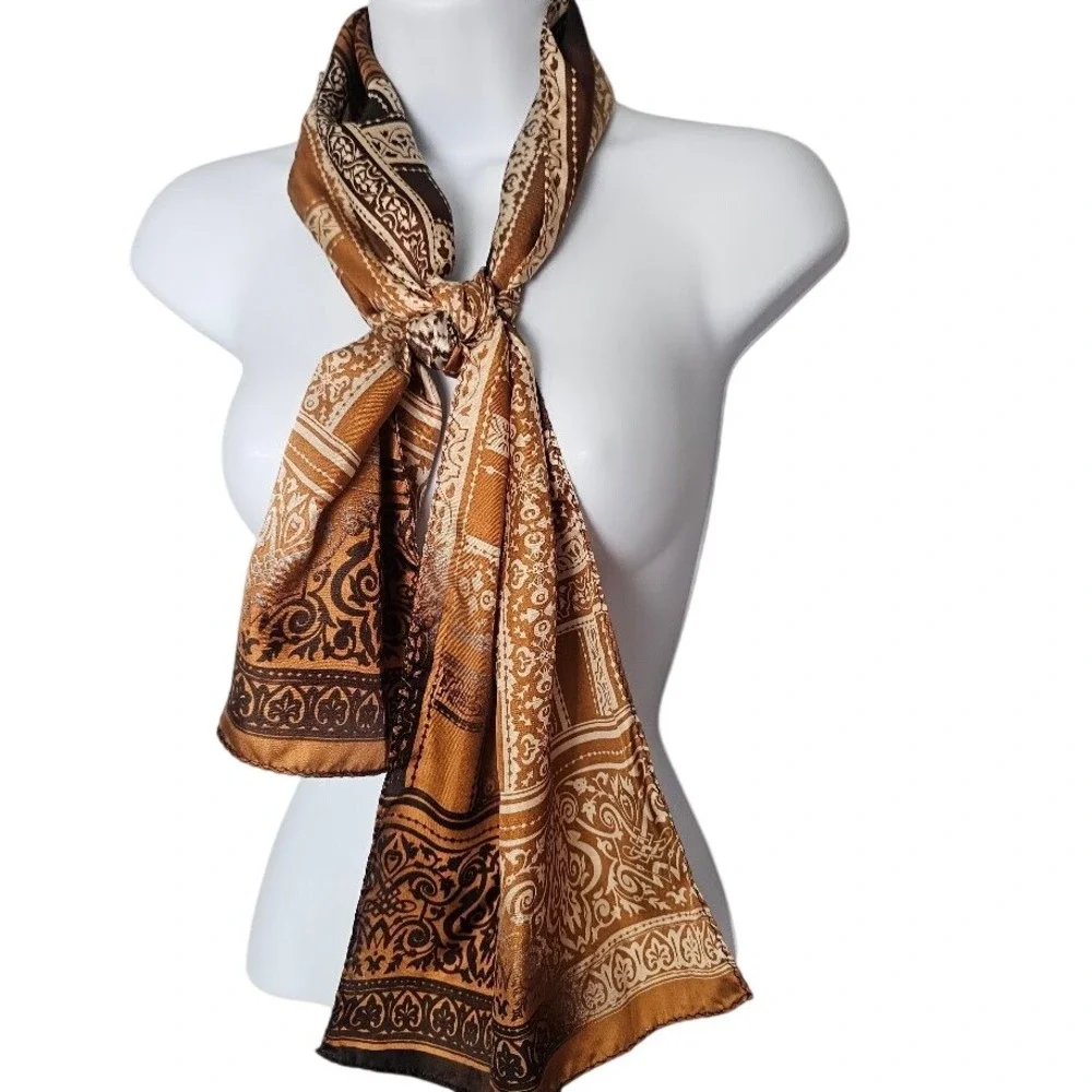 VTG 70s Oscar de la Renta Silk Paisley Damask  079 Scarf OS Brown Gold Classic